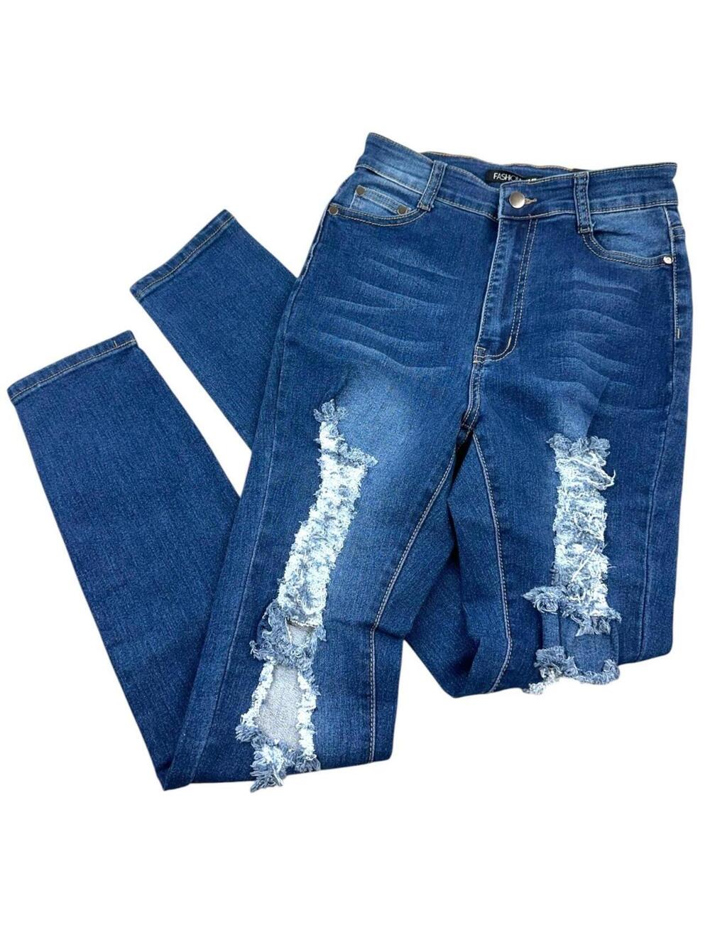 Fashion Nova Heavy Distressed Skinny Jeans High Waisted Blue Navy Stretch Denim